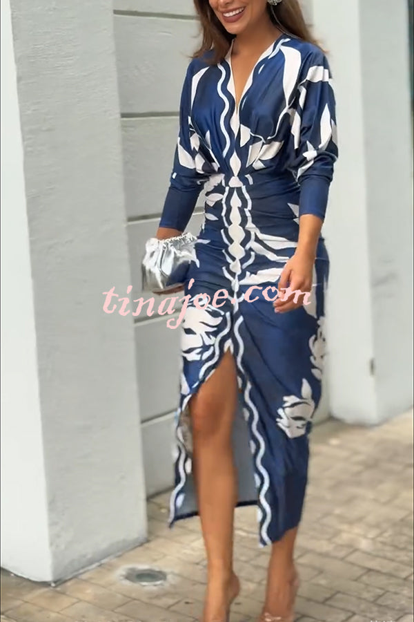 Caliana Unique Print Dolman Long Sleeve Ruched Slit Midi Dress