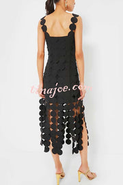 Best Dance Laser Cut Circle Embroidery Square Neck Tassle Trim Midi Dress