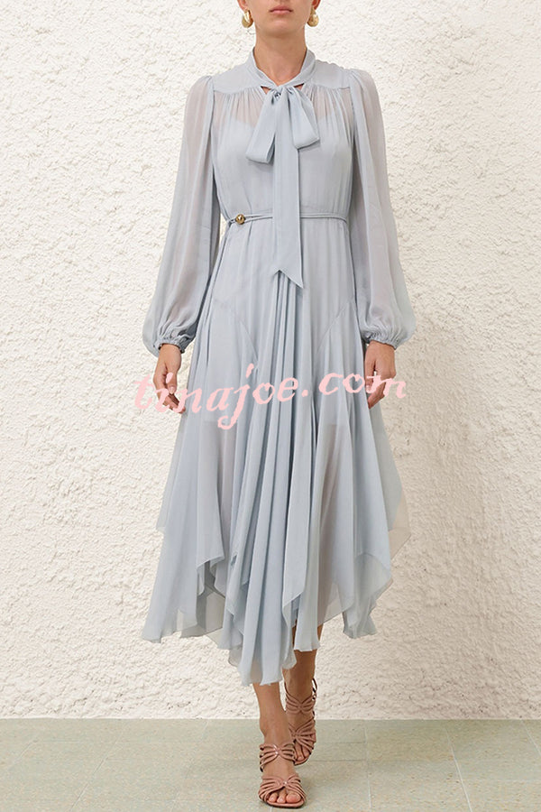 Elegant and Graceful Tie-up Neck Long Balloon Sleeve Handkerchief Midi Dress