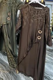 Leopard Print Button-decorated Round Neck Long-sleeved Irregular Casual Top and Elastic Waist Loose Pocket Pants Set