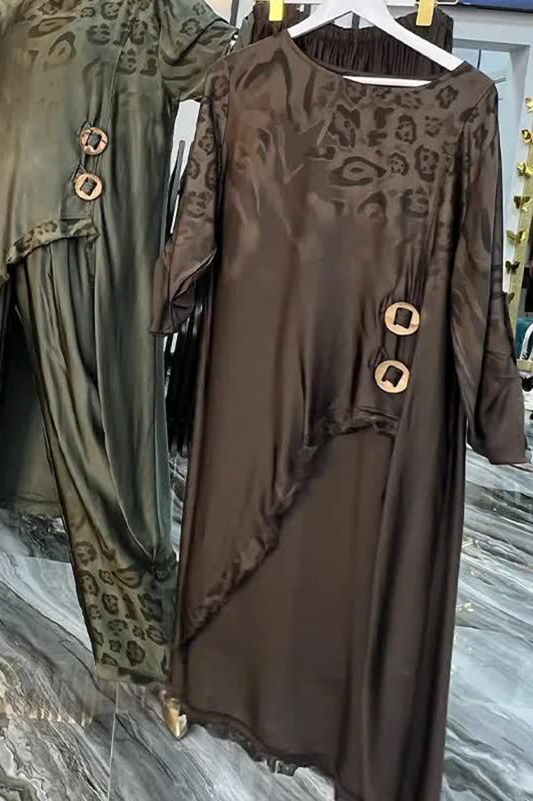 Leopard Print Button-decorated Round Neck Long-sleeved Irregular Casual Top and Elastic Waist Loose Pocket Pants Set