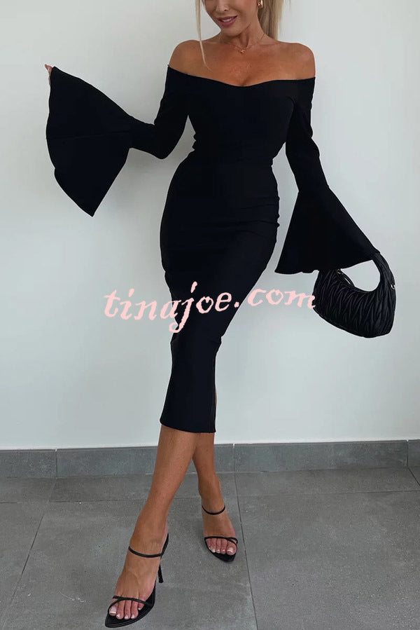 Solid Color Sexy Off-shoulder Trumpet Sleeve Slim Midi Dress