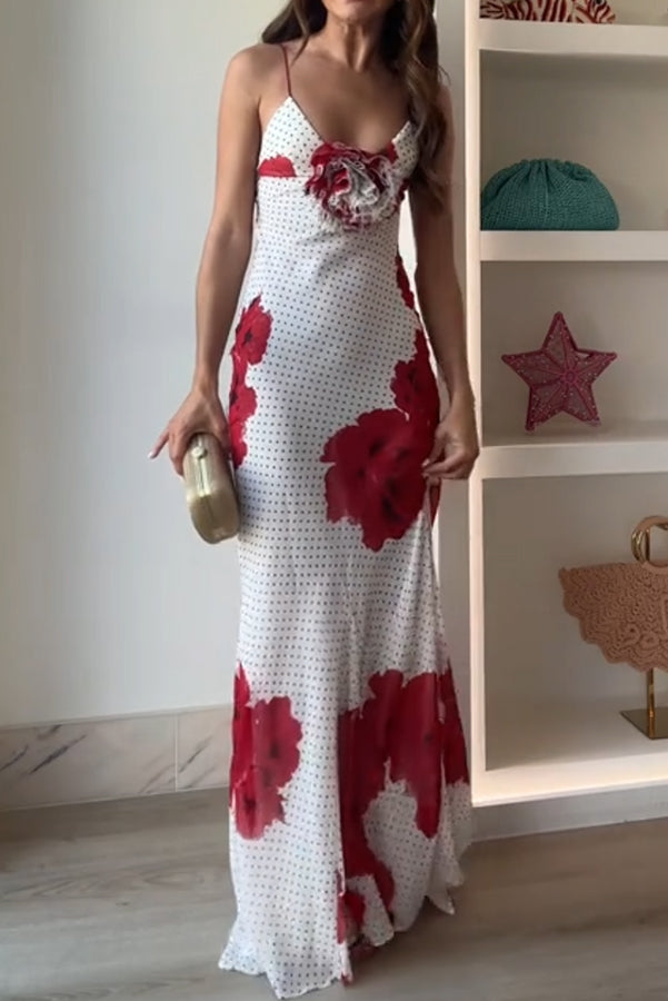 Vanna Poka Dot Floral Print 3D Flower Detail Slip Maxi Dress