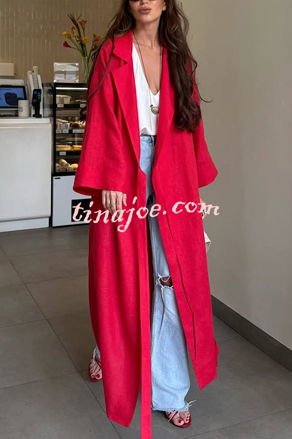 Linen Blend Solid Color Casual Lapel Tie Loose Maxi Dress