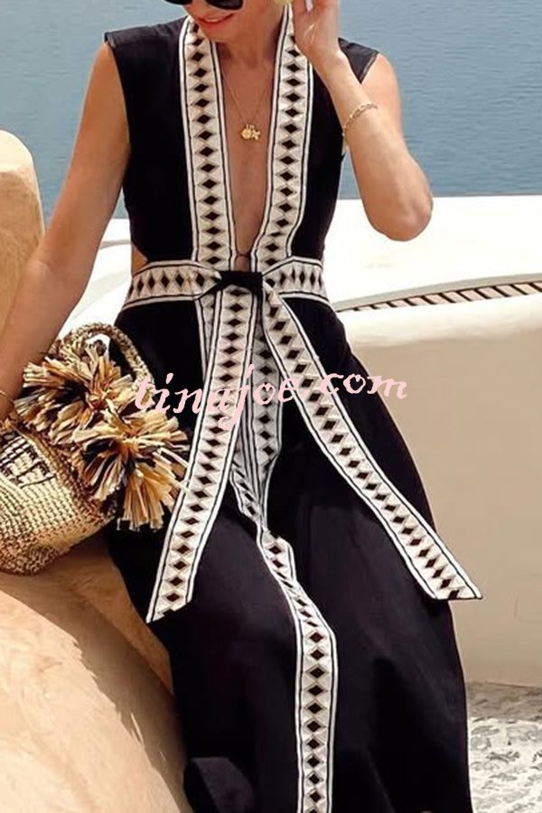 Fashionable Lock-edge Printed V-neck Lace-up Holiday Cover-up Robe