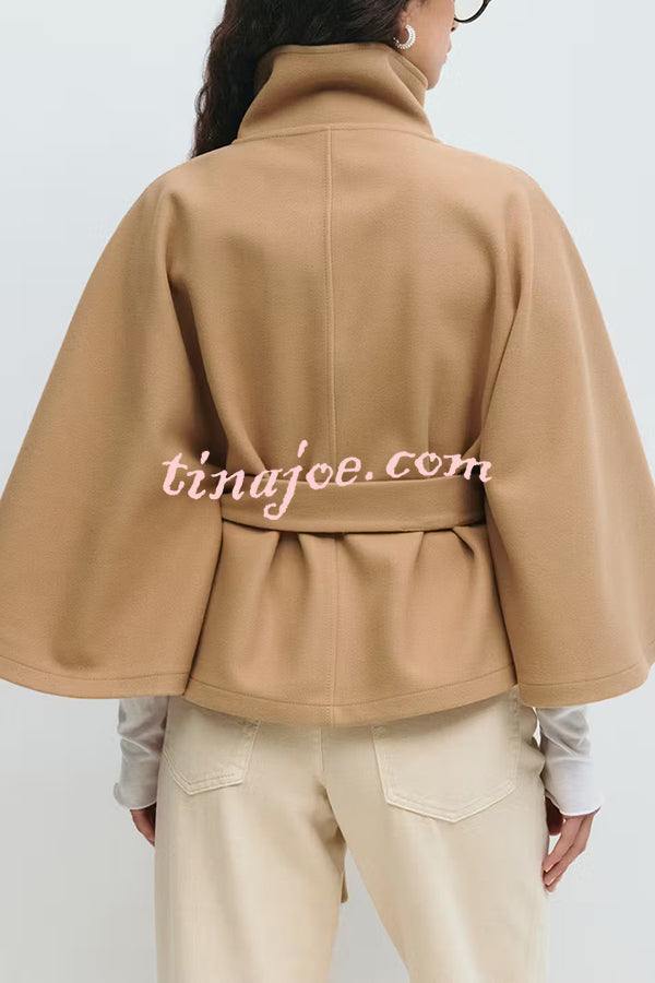 Fashionable Stand Collar Button Waist Tie Loose Cape