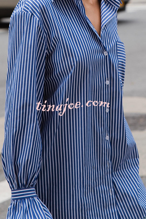 Striped Print Ruffled Long Sleeve Pockets Loose Shirt