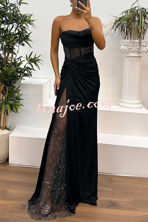 Audrey Satin Paneled Mesh Sequin Fabric Off Shoulder Ruched Drape Maxi Dress