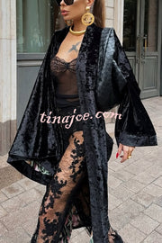 Gorgeous Glossy Velvet Long Bell Sleeve Tie-up Pocket Midi Kimono Coat