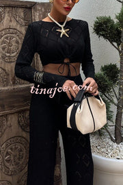 Solid Color Hollow Short Long-sleeved Top and Casual Stretch Wide-leg Pants Knitted Set