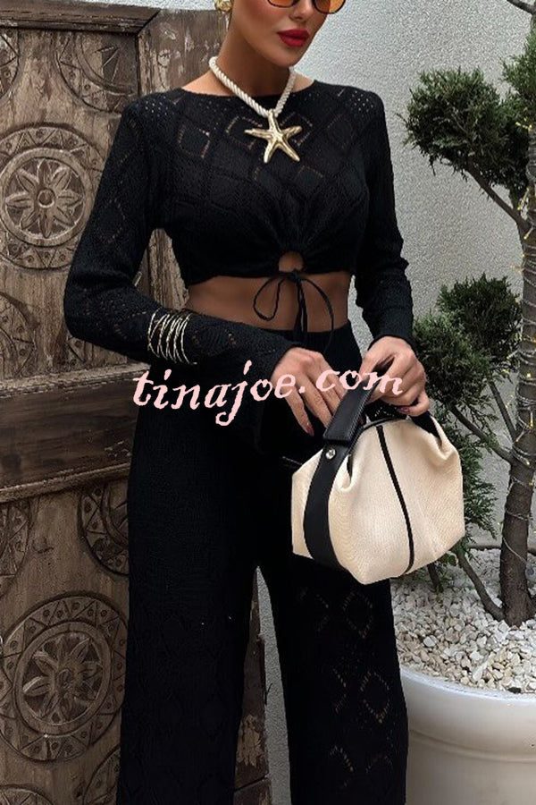 Solid Color Hollow Short Long-sleeved Top and Casual Stretch Wide-leg Pants Knitted Set