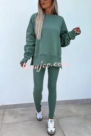 Solid Color Loose Long Sleeve SlitSweatshirt and Elastic Waist Tight Pants Set