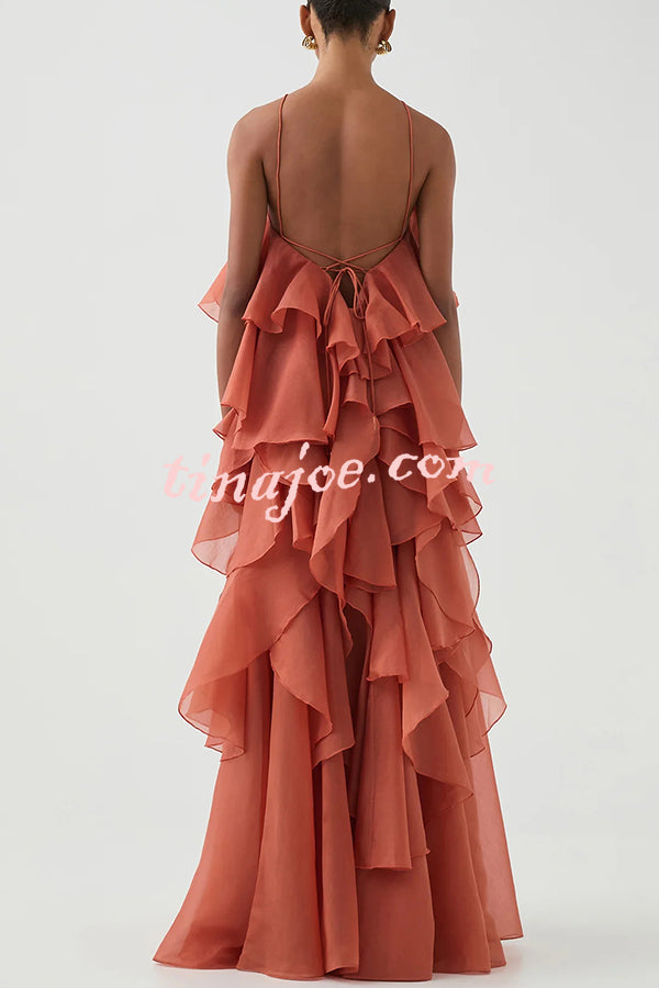 Free - Flowing Rose Detail Tiered Ruffles Halter A-line Maxi Dress
