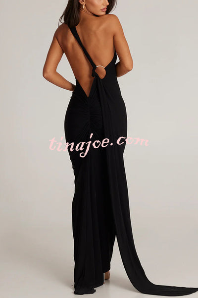 Sexy Backless Pleated Slim Solid Color Sleeveless Elegant Maxi Dress