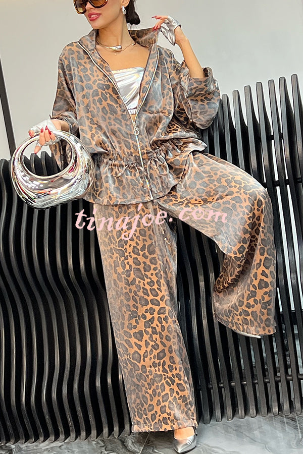 Leopard Print Drawstring Waist Zipper Jacket and Elastic Waist Pocket Loose Pants Set