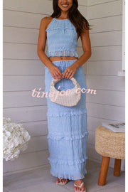 Feel Chic and Romantic Sequin Textured Material Back Elastic Halter Tie Tank and Drawstring Waist Tiered Maxi Skirt Set