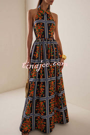 Floral Print Sexy Halter Neck Backless Elegant Maxi Dress