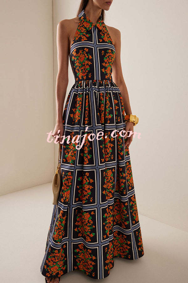 Floral Print Sexy Halter Neck Backless Elegant Maxi Dress