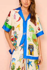 Vibrant Beach Satin Unique Print Colorblock Trim Button Down Oversized Blouse