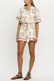 Resort Style Print Lapel Short Sleeves Casual Pocket Waist Tie Loose Rompers