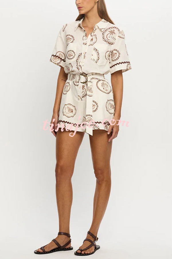 Resort Style Print Lapel Short Sleeves Casual Pocket Waist Tie Loose Rompers