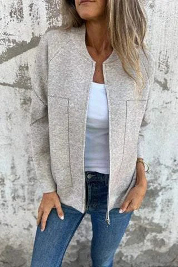 Solid Color Casual Long Sleeve Zippered Loose Pocket Jacket