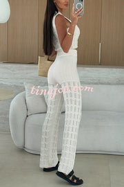 Solid Color Hollow Sleeveless Round Neck Knitted Vest and Stretch Casual Straight Pants Set