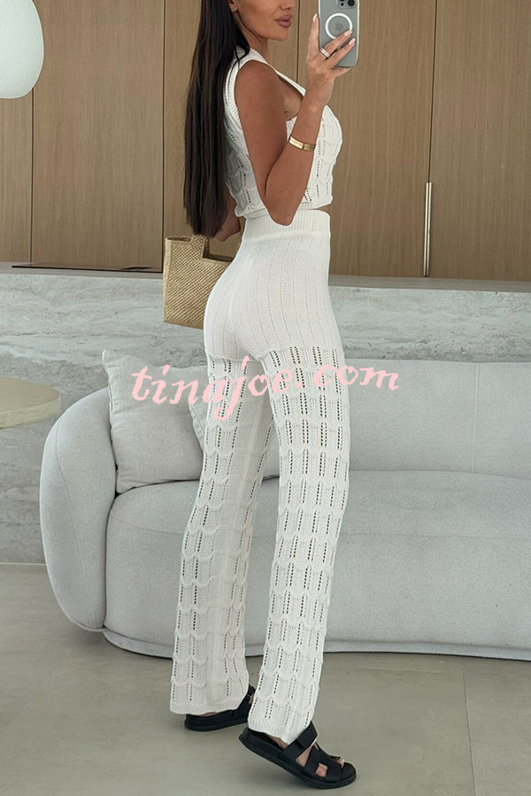 Solid Color Hollow Sleeveless Round Neck Knitted Vest and Stretch Casual Straight Pants Set