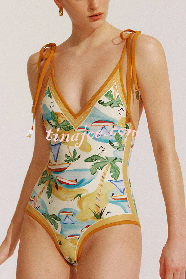 Khloe Vintage Style Floral Color Block Printed Reversible Tie Shoulder Stretch One-piece Swimsuit