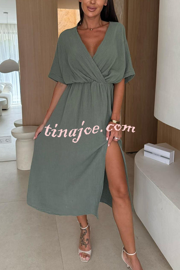 Linen Blend Solid Color V-neck Short Sleeve Waist Loose Slit Midi Dress
