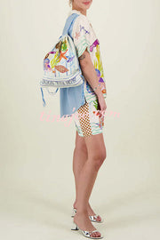 Coastal Seashell Satin Unique Print Pocket Loose Shirt and Elastic Waist Shorts Set