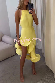 Solid Color Sleeveless Waist Tie Irregular Ruffle Slim Midi Dress