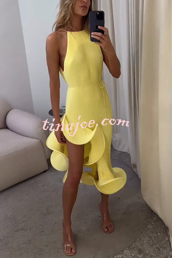 Solid Color Sleeveless Waist Tie Irregular Ruffle Slim Midi Dress