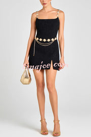 Timeless Exquisite Tweed Fabric Metal Coin Chain Detail Slip Mini Dress