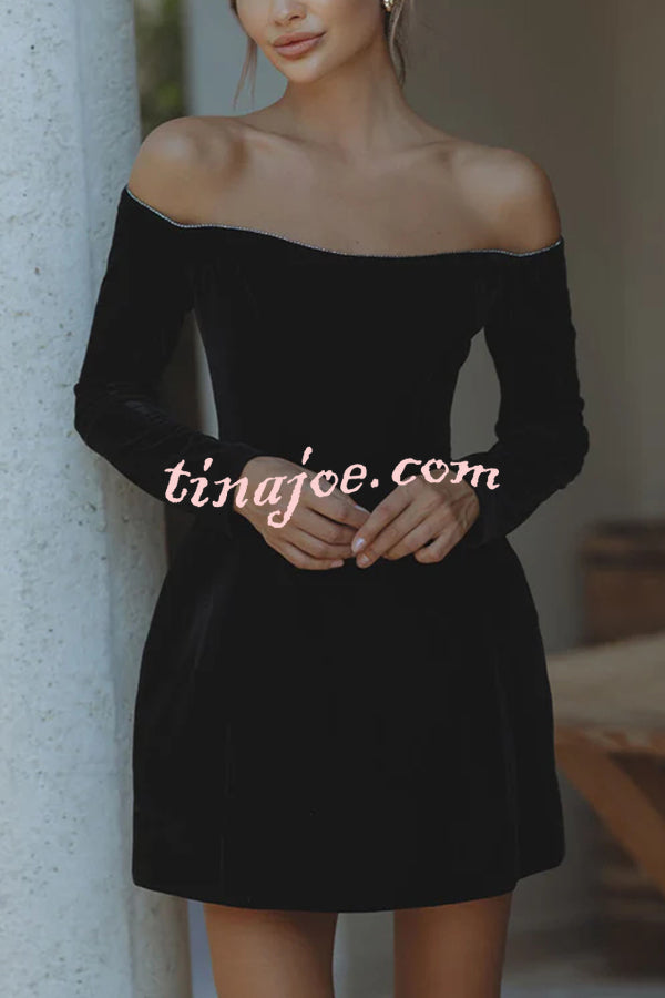 Dear Me Velvet Glitter Trim Off Shoulder Long Sleeve Pocketed Mini Dress