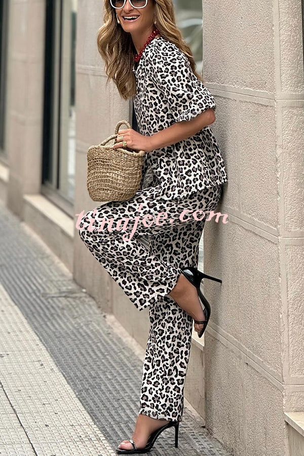 Enjoy Everyday Leopard Print Puff Sleeve Babydoll Top and Elastic Waist Pocketed Pant Set