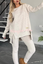 Solid Color Crew Neck Long Sleeve Top and Casual Stretch Pants Set