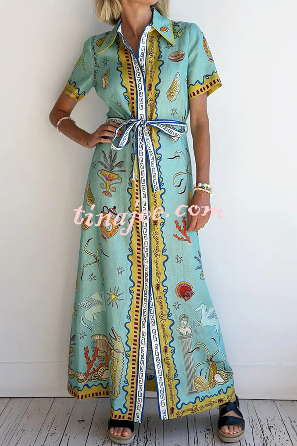 Deep Sea Dreaming Linen Blend Unique Print Short Sleeve Tie-up Shirt Maxi Dress