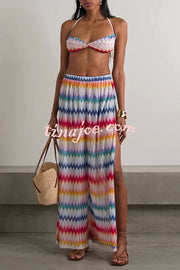 Colorful Zigzag Pattern Halter Neck Stretch Bikini and Elastic Waist Slit PantsThree-Piece Set