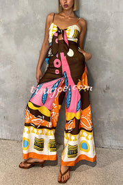 Unique Printed Suspenders Hollow Waist Wide-leg Jumpsuit