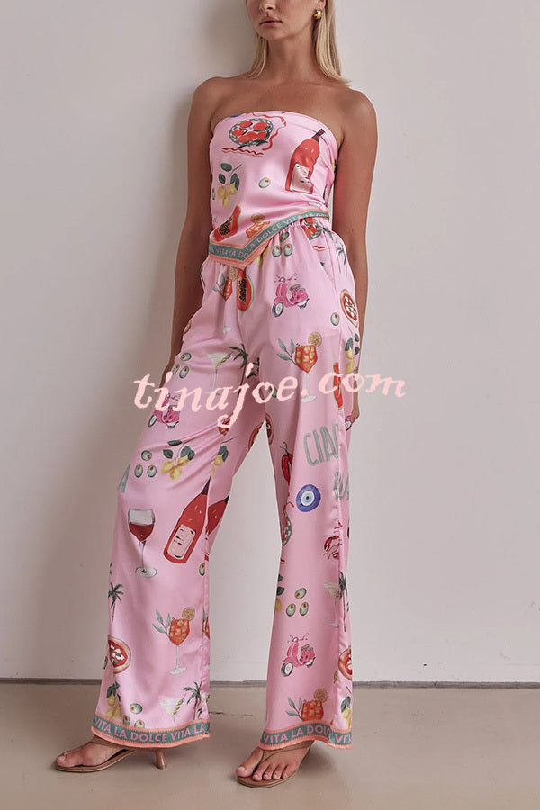 Linen Blend Unique Printed Bandeau Top and Elastic Waist Pocket Pants Set