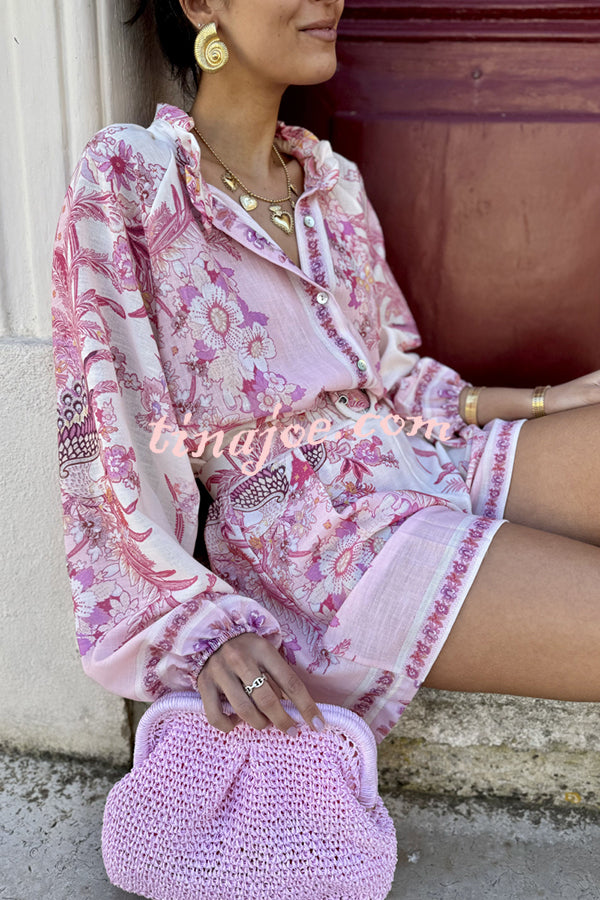 Botanical Print Palace Style Stand-up Collar Lantern Sleeve Loose Top and Casual Shorts Set