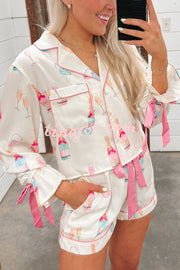 Unique Print Loose Long Sleeve Bow Tie Top and Elastic Waist Pocket Shorts Set