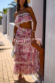 Dakota Floral Lace Trim Crop Tube Top and Layered Slit Maxi Skirt Set