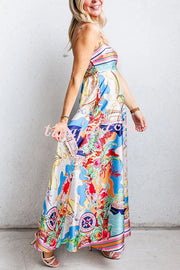 Satin Resort Print Sling Back Pleated Maxi Dress