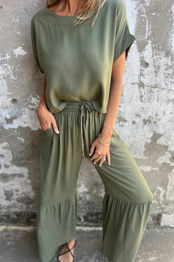 Solid Color Crew Neck Short-sleeved Casual Top and Elastic Waist Tie Pocket Wide Leg Pants Set