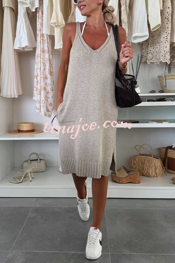 Solid Color V-Neck Sleeveless Casual Pocket Knitted Midi Dress