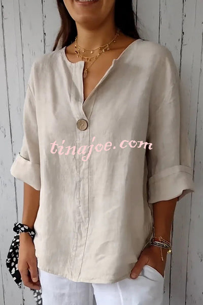 Solid Color Casual Button V-neck Loose Top