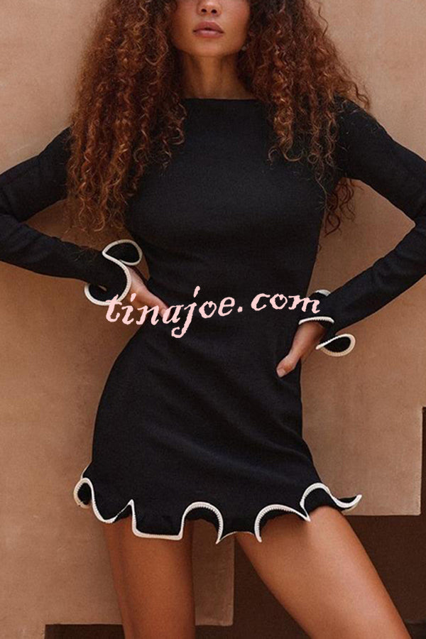 Fashionable Rolled Hem Round Neck Long Sleeve Slim Fit Mini Dress