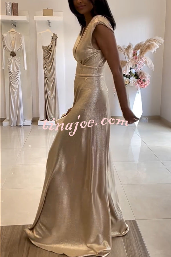 Roisin Metallic Fabric Ruched Shoulder V-neck Wide Leg Drape Jumpsuit